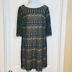 Jessica Howard Womens 12P Sheath Dress Scalloped Black Lace Overlay 3/4 Sleeves‎